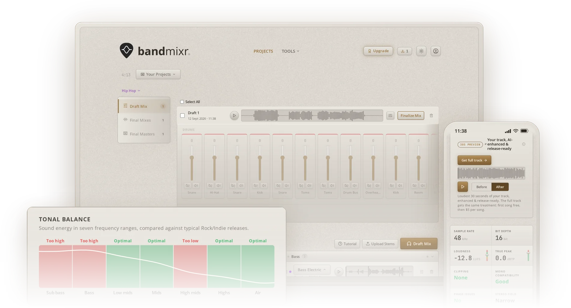 The Bandmixr mixer open on a draft mix, the tonal balance read-out, and the Mix Analyzer on a phone